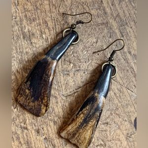 Huntress Earrings-Real Bison Teeth Artesian Brown Washed Antiqued Brass Metal